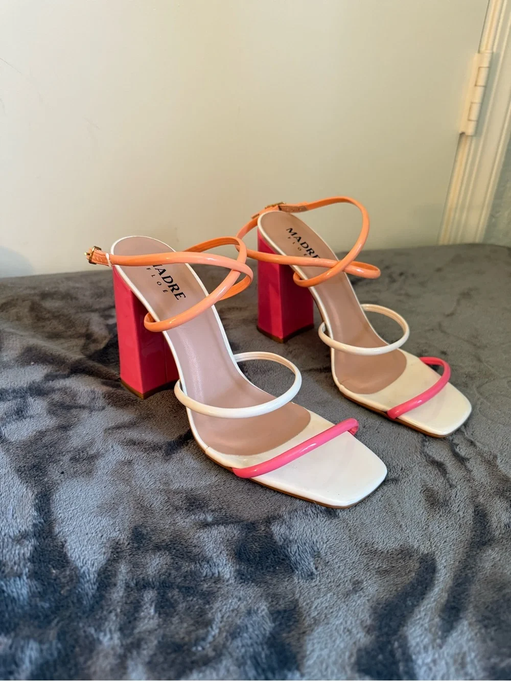Madre Floe Multi-Color Strappy Block Heel Sandals - Orange/White/Pink